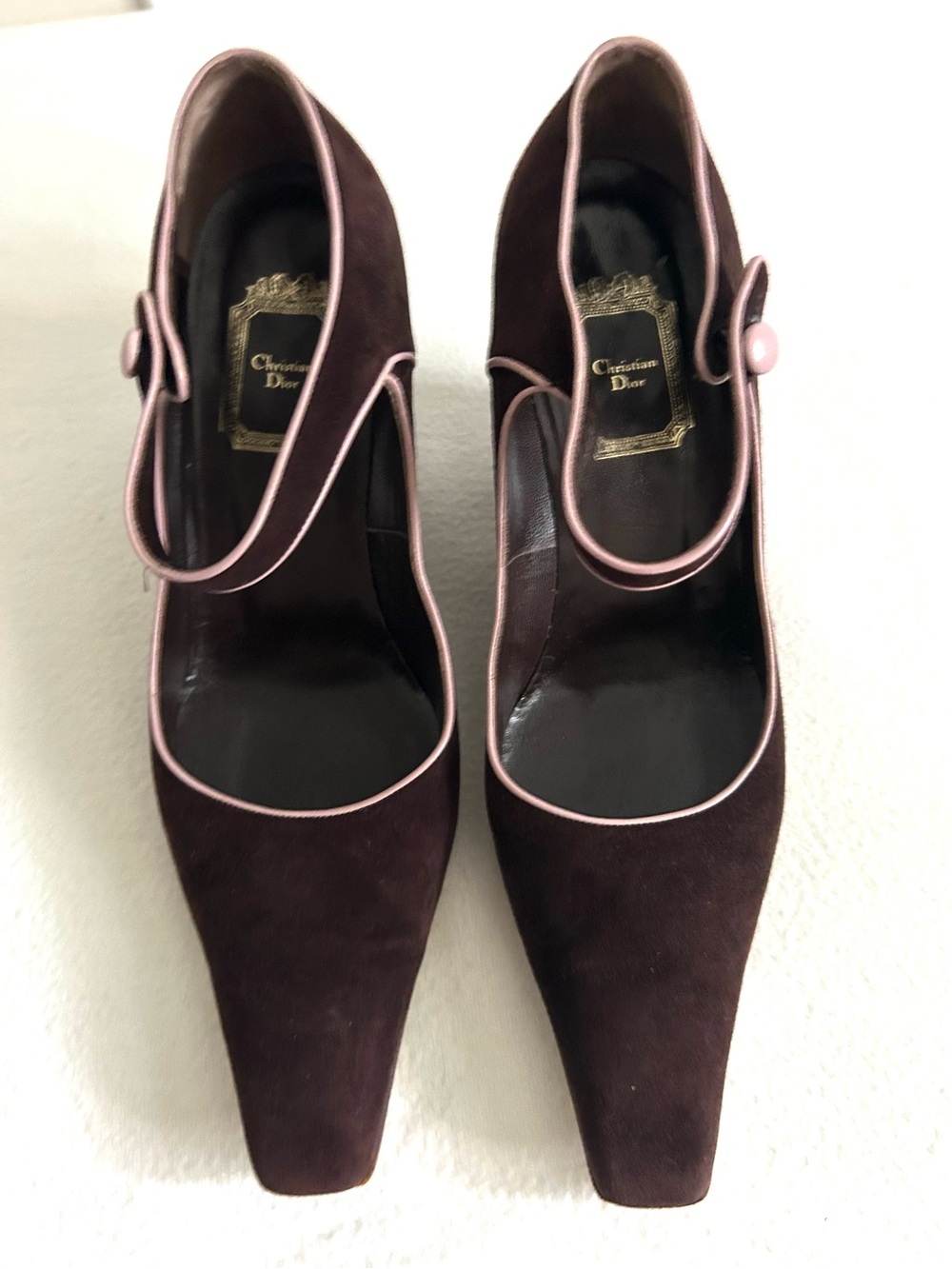 RARE Vintage Dior Brown Suede Mary Jane Pumps with Pink Trim